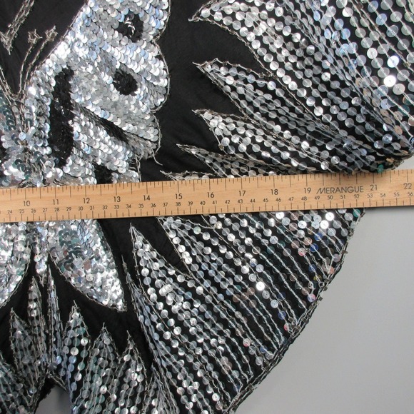 Cream Soda Sequin Top Fairycore Y2K Vtg Black 100% Silk Butterfly Silver 306 - Picture 13 of 14